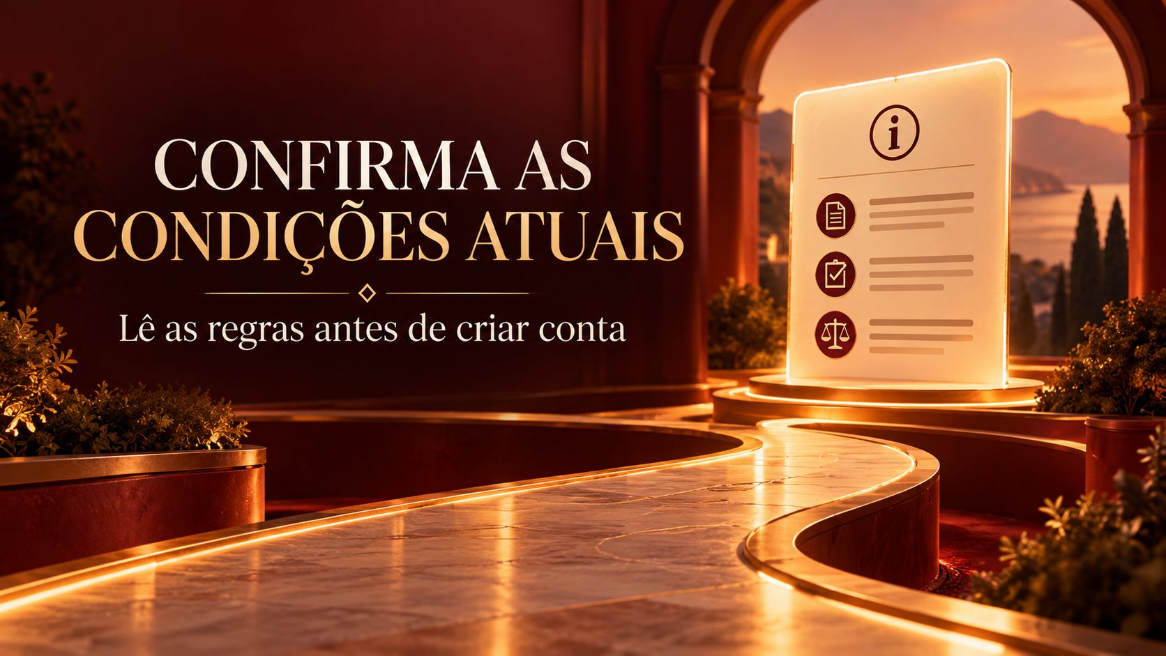 Banner editorial laranja que convida a confirmar condições atuais antes de criar conta