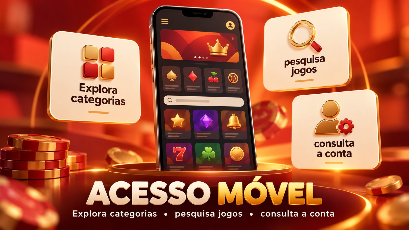 Infografia editorial sobre funções de acesso móvel, pesquisa, conta, limites e apoio